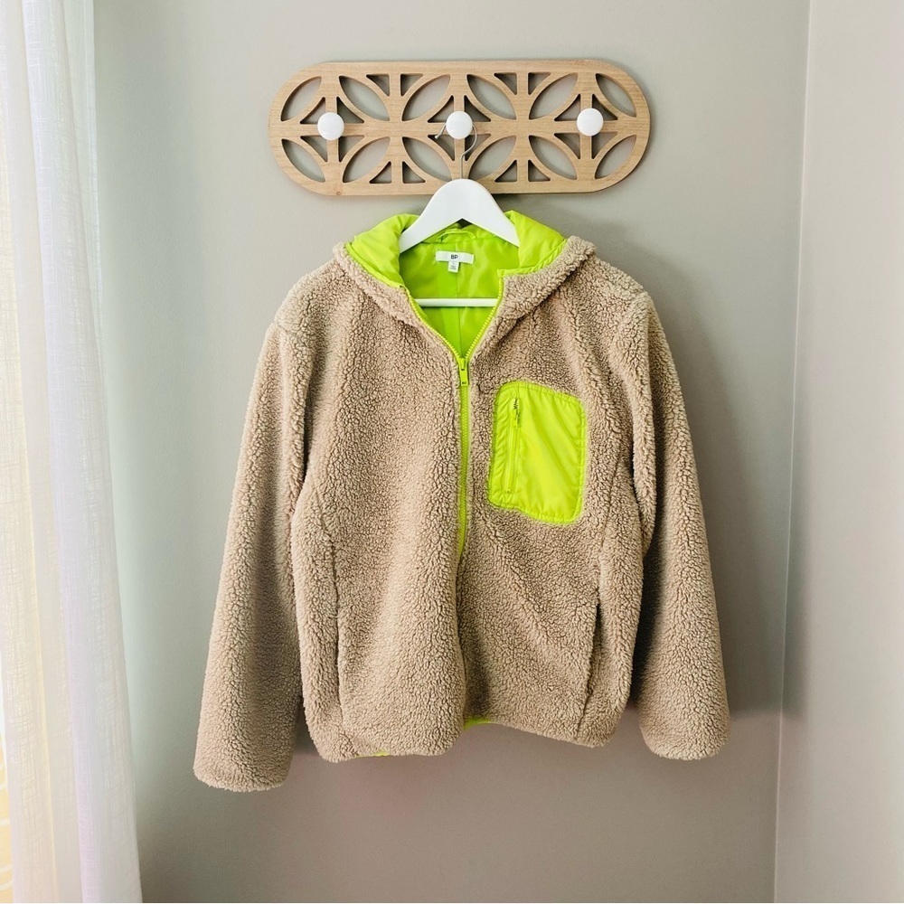 BP Faux Shearling Bomber Jacket Hooded Tan/Lime Green Sz Small